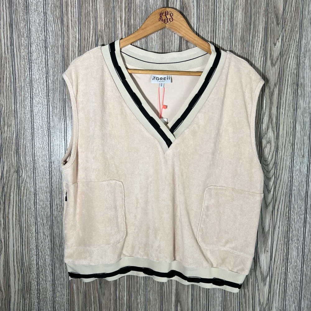NWT The Greii Cream Tan Black Terrycloth V-Neck Sleeveless Sweater Vest